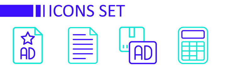 Set line Calculator, Advertising, File document and icon. Vector