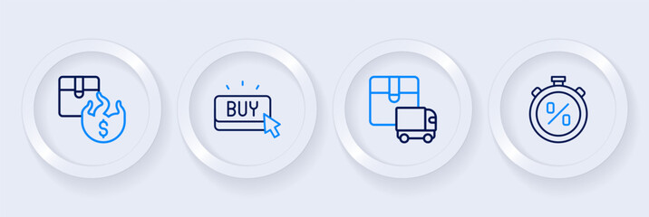 Set line Stopwatch percent discount, Delivery cargo truck, Buy button and Hot price icon. Vector