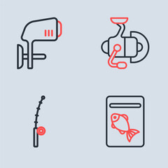 Set line Spinning reel for fishing, Fishing rod, Served on plate and Outboard boat motor icon. Vector