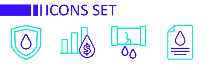 Set line Contract money and pen, Broken oil pipe with valve, Pie chart dollar and Oil drop shield icon. Vector