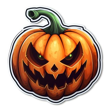 A sticker of a pumpkin with evil eyes. Digital image.