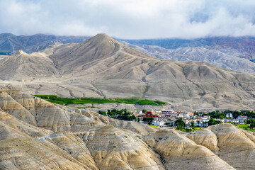 The panoramic view of Lho Manthang seen from Lo La Pass in Upper Mustang, Nepal