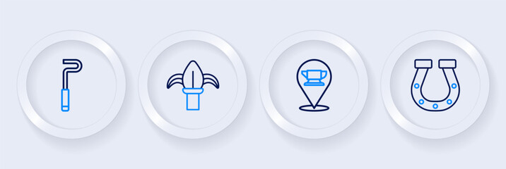 Set line Horseshoe, Blacksmith anvil tool, Classic iron fence and Fire poker icon. Vector
