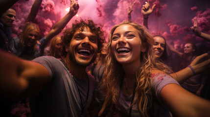 Obraz na płótnie Canvas Happy young couple taking selfie shot at music festival, Generative Ai illustration
