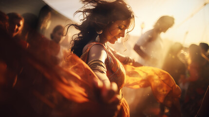 Epic scene with beautiful young woman in flowing dress, dancing at outdoor music festival,  Generative AI Illustration