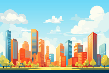 Cityscape with tall skyscrapers, office buildings and trees. City. Beautiful view of the modern business district. Vector illustration.
