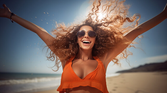Extrmly happy teeen woman jumping with arms up in the air on beach , Generative AI illustration