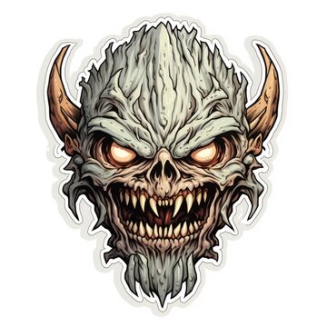 A sticker of a demon head with horns. Digital image.