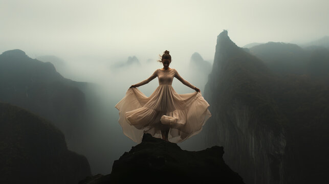 Stunning woman in long dress standing on mountain top, Generative AI illustration
