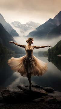 Beautiful young dancer posing in front of lake, Generative AI illustration