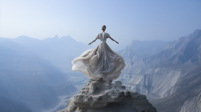 Mysterious woman in log dress standing on mountain tip, Generative AI illustration