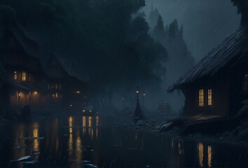 Fototapeta premium Heavy rain in the city with dark night background. Ai Generated