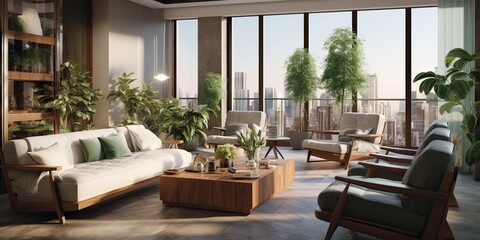 Fototapeta premium AI Generated. AI Generative. Architecture room hotel relax with comfortable sitting chairs. Graphic Art