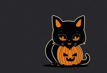A cute black cat wearing a pumpkin head for halloween, sticker.