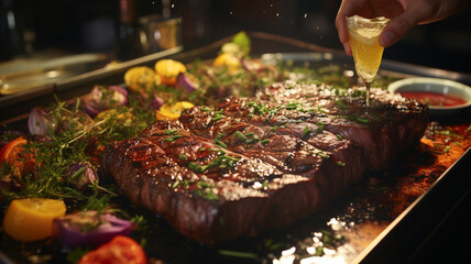 woman preparing raw steak on wooden table, closeup
