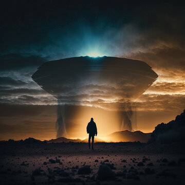 UFO flying saucer flies over people and highways.  Invasion of extraterrestrial intelligence on an intergalactic ship. Alien abduction. Created with Generative AI.