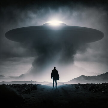 UFO flying saucer flies over people and highways.  Invasion of extraterrestrial intelligence on an intergalactic ship. Alien abduction. Created with Generative AI.