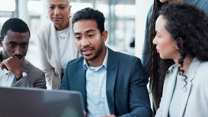 Business people, meeting and computer for planning, collaboration and brainstorming solution in finance. Corporate manager with employees feedback, proposal and talking of sales or teamwork on laptop - Powered by Adobe