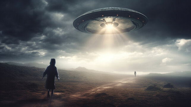 UFO flying saucer flies over people and highways.  Invasion of extraterrestrial intelligence on an intergalactic ship. Alien abduction. Created with Generative AI.