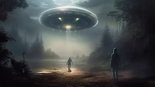 UFO flying saucer flies over people and highways.  Invasion of extraterrestrial intelligence on an intergalactic ship. Alien abduction. Created with Generative AI.