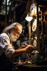 Fototapeta na wymiar Man fixing clock in watch shop. Generative AI