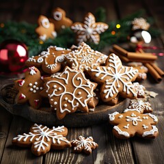 Obraz na płótnie Canvas delicious gingerbread cookies of various shapes decorated with white icing lies on the Christmas table