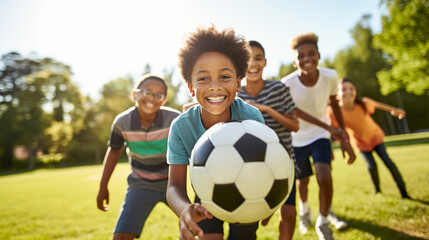 Diverse Group of Teen Boys Laughing and Playing Soccer in the Park, AI-Generated