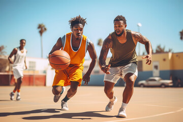 Two African American street basketball players having training outdoor.