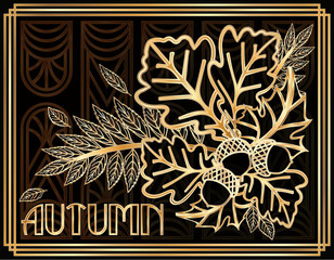 Art deco autumn invitation card, oak, maple leaf and acorns, vector illustration