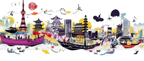 Japan Famous Landmarks Skyline Silhouette Style, Colorful, Cityscape, Travel and Tourist Attraction - Generative AI