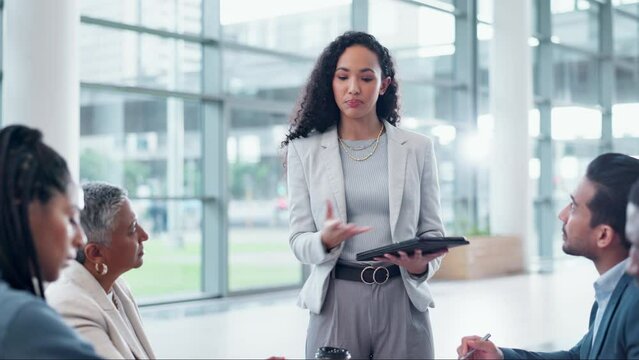 Business woman, manager and tablet for meeting presentation, workflow management and marketing proposal. Professional leader or speaker speaking to people or clients listening for project information