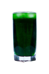 homemade Mint chlorophyll drink or juice or syrup in glass with water drops isolated on white background