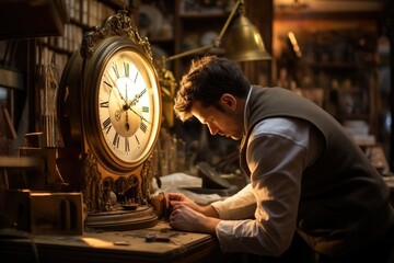 Man fixing clock in watch shop. Generative AI