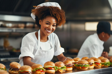 African american chef woman preparing burgers in a professional kitchen.