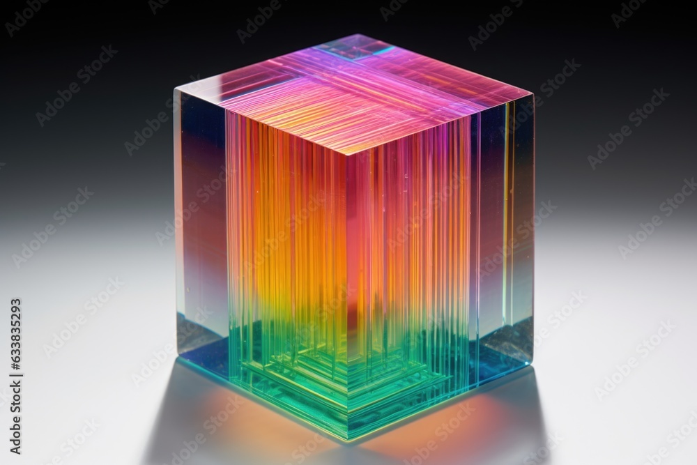 Poster a multicolored glass block on a white surface. digital image.