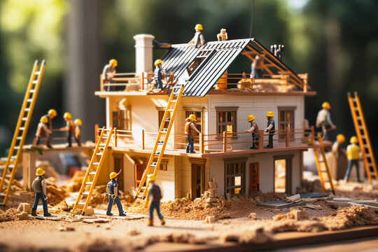 Tiny workers in protective helmets and vests build a private house.