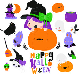 Happy Halloween Childish Collection with Design Elements. Halloween Collection. Ideal for Cards, Poster, Prints, Anniversary, Invitation and Party Decoration