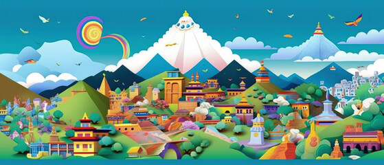 Fototapeta na wymiar Nepal Famous Landmarks Skyline Silhouette Style, Colorful, Cityscape, Travel and Tourist Attraction - Generative AI