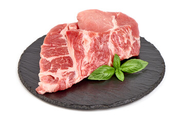 Pork shoulder steaks, isolated on white background.