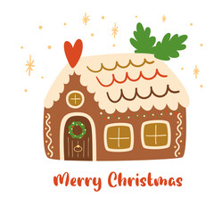 Cute gingerbread house isolated element. Christmas cookies and candy hand drawn vector illustration. Merry Christmas card. Baked Christmas dessert, poster. Xmas food design in childish cartoon style.