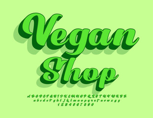 Vector advertising poster Vegan Shop. Artistic handwritten Font. Green 3D Alphabet Letters, Numbers and Symbols set.