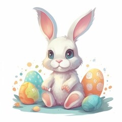 Cute little easter bunny with easter eggs generative ai