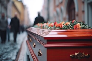 The wooden coffin is decorated with a floral arrangement, honoring life and memories at a funeral ceremony amidst grief and loss.
