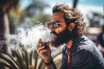 Fototapeta na wymiar Man smokes electronic cigarette