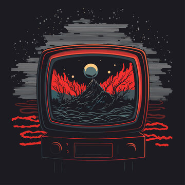 Isolated Retro Line Drawing of a Red Vintage CRT Television and VCR Showing Moonlit Mountains. Vector Art. Retro Pixelart, Sci-Fi, Video Game, Comic Book Style.
