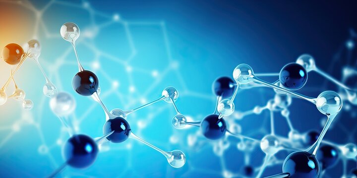 Horizontal banner with model of abstract molecular structure. Background of blue color with glass atom model