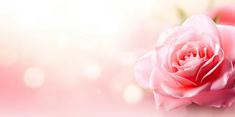 Selbstklebende Fototapeten Horizontal banner with rose of pink color on blurred background. Copy space for text. Mock up template © Eli Berr