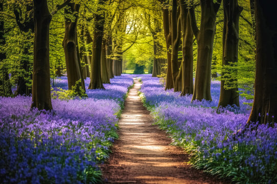 Lonely Footpath through some blue bell flowers in a forest landscape.