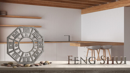 Wooden table shelf with ba gua, pebble stone and bamboo plants, modern kitchen with island, zen concept interior design, feng shui template idea background