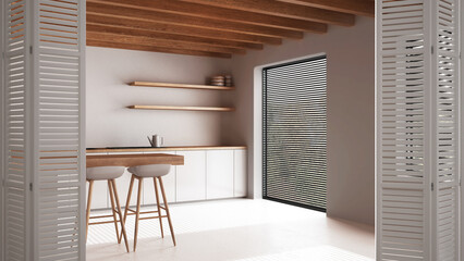 White folding door opening on minimal japandi kitchen with island, bright resin floor, modern interior design, architect designer conceptkitchen,island,